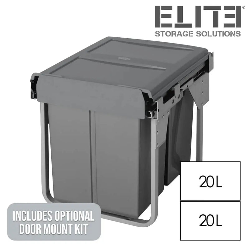 Elite Domestique Bottom Mounted 40L Twin Slide Out Concealed Waste Bin For A 450mm Cabinet Includes Optional Door Bracket Dark Grey