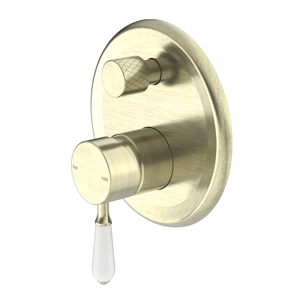 Nero York Shower Mixer With Divertor With White Porcelain Lever Aged Brass - Sydney Home Centre