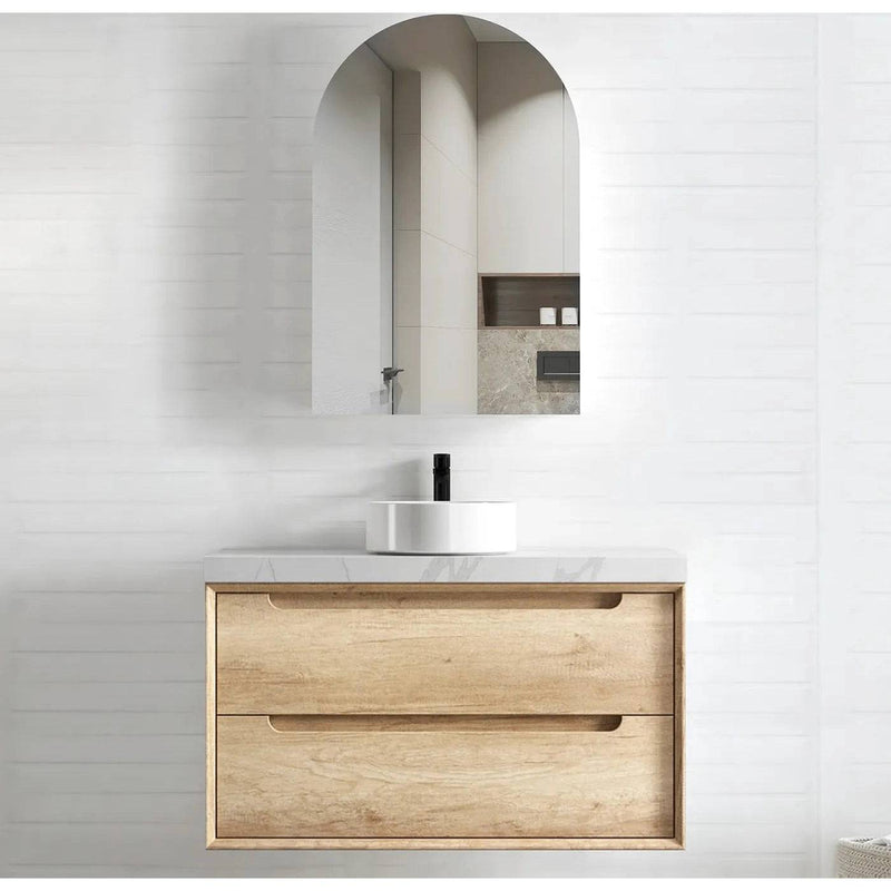Otti Byron 900mm Wall Hung Vanity Natural Oak (60 Stone Top) - Sydney Home Centre