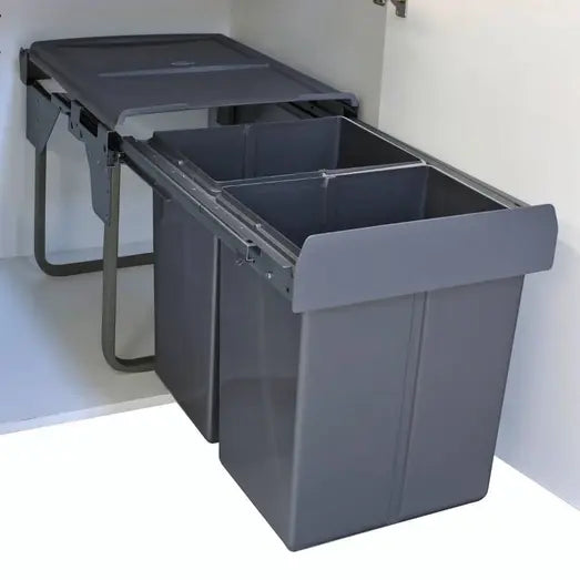 Elite Domestique Bottom Mounted 40L Twin Slide Out Concealed Waste Bin For A 450mm Cabinet Includes Optional Door Bracket Dark Grey