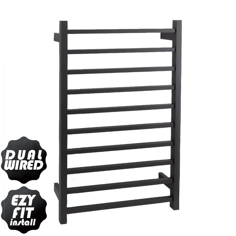 Aguzzo EZY FIT 600mm x 920mm Square Tube Dual Wired Heated Towel Rail Matte Black - Sydney Home Centre