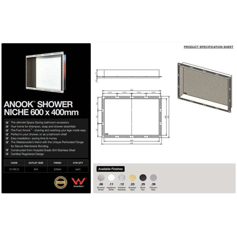 ANOOK Shower Niche 600x400x90mm Polished Stainless Steel - Sydney Home Centre