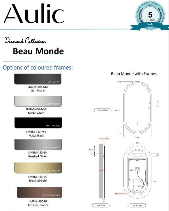 Aulic Beau Monde 900mm x 450mm Framed LED Mirror Gun Metal - Sydney Home Centre