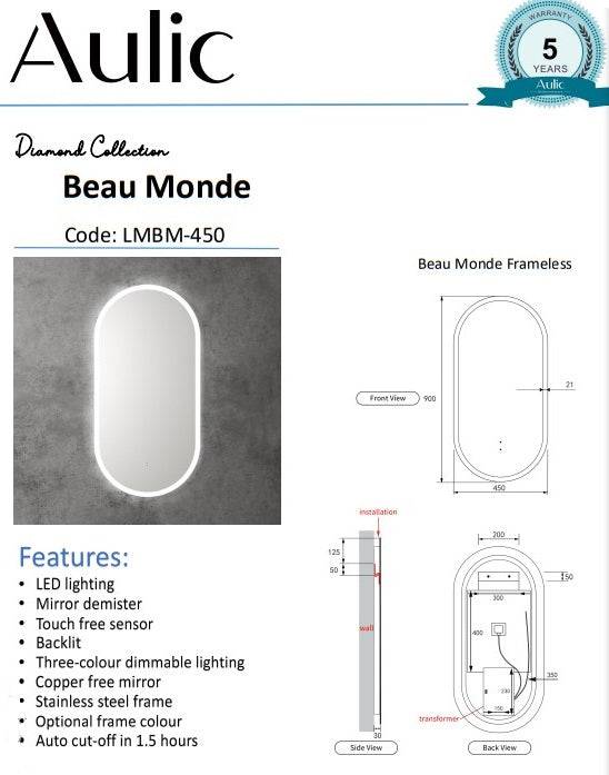 Aulic Beau Monde 900mm x 450mm Frameless LED Mirror - Sydney Home Centre