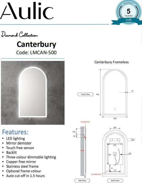Aulic Canterbury 900mm x 500mm Frameless LED Mirror - Sydney Home Centre
