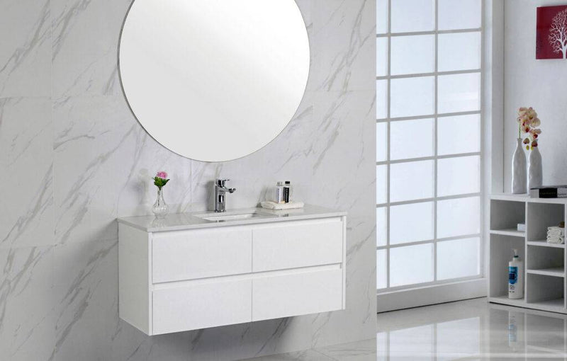 Aulic Leona 1500mm Single Bowl Wall Hung Vanity Gloss White (Pure Flat Stone Top) - Sydney Home Centre
