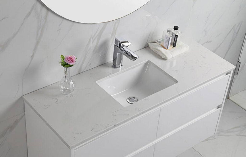 Aulic Leona 1500mm Single Bowl Wall Hung Vanity Gloss White (Pure Stone Top With Undermount Basi) - Sydney Home Centre