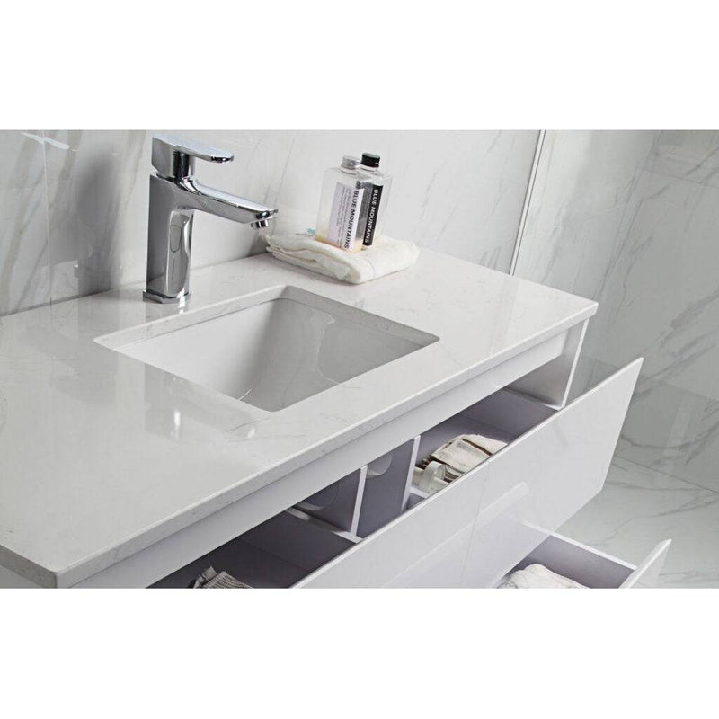 Aulic Leona 900mm Wall Hung Vanity Gloss White (Snow Flat Stone Top) - Sydney Home Centre