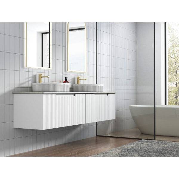 Aulic Perla 1800mm Double Bowl Wall Hung Vanity Matte White (Snow Flat Stone Top) - Sydney Home Centre
