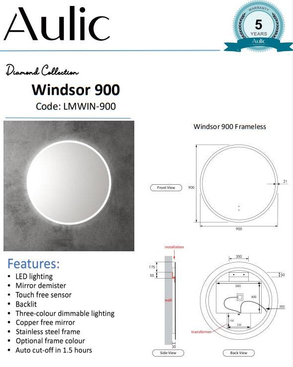 Aulic Windsor 900mm Frameless LED Mirror - Sydney Home Centre