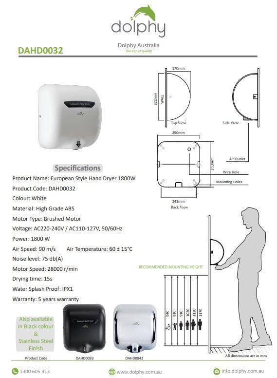 Dolphy European Style Hand Dryer 1800W White - Sydney Home Centre