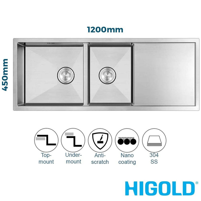 Higold 1200mm Nano Coated Stainless Steel 1 & 1/2 Bowl Kitchen Sink With Drainer & R10 Corner Brushed Satin - Sydney Home Centre