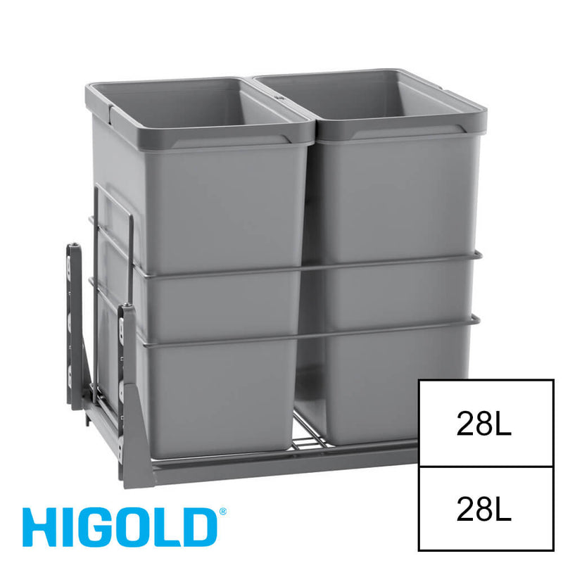 Higold Bottom Mounted 56L Twin Slide Out Concealed Waste Bin For A 450mm Cabinet Includes Optional Door Bracket Grey - Sydney Home Centre