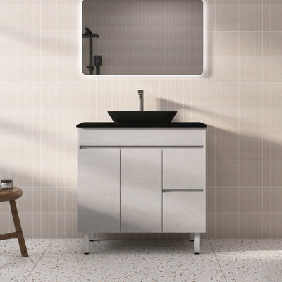 Poseidon Nova 900mm Right Hand Drawer Freestanding Vanity Concrete Grey (Ceramic Top) - Sydney Home Centre