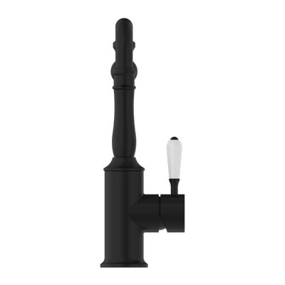 Nero York Kitchen Mixer Hook Spout With White Porcelain Lever Matte Black - Sydney Home Centre