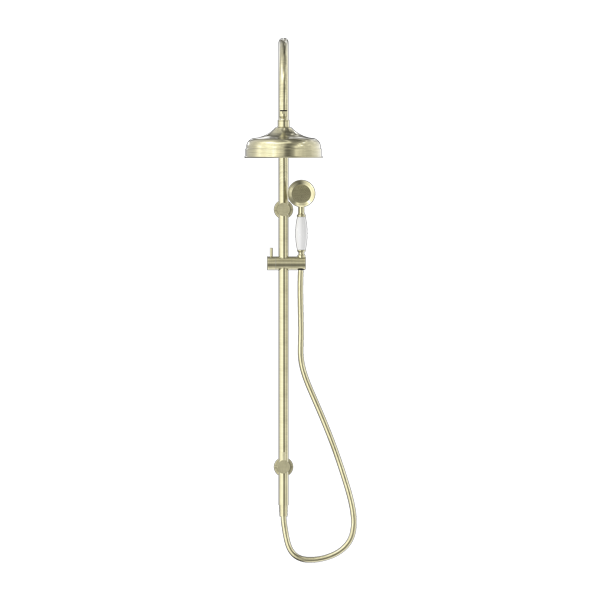 Nero York Twin Shower With White Porcelain Hand Shower Aged Brass