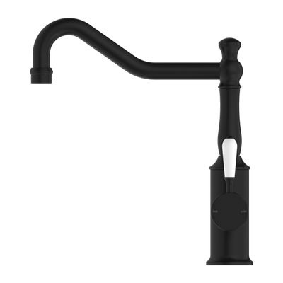 Nero York Kitchen Mixer Hook Spout With White Porcelain Lever Matte Black - Sydney Home Centre