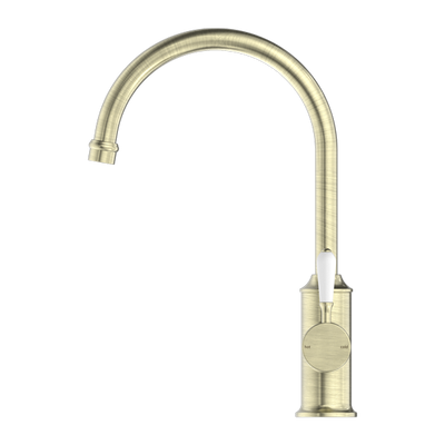 Nero York Kitchen Mixer Goosneck Spout With White Porcelain Lever Aged Brass - Sydney Home Centre