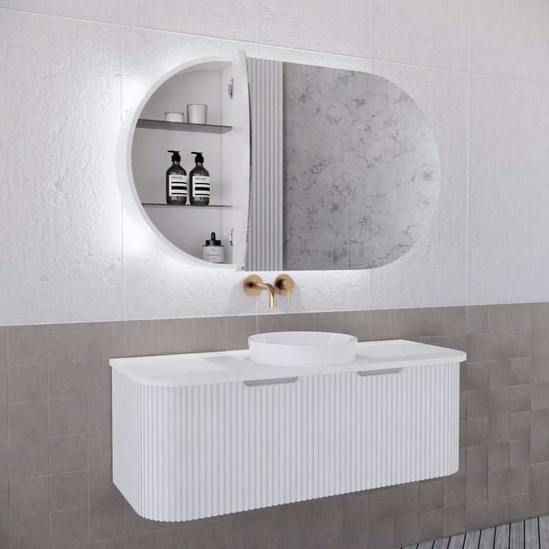 Riva Paris 1200mm x 700mm Matte White Oval LED Shaving Cabinet - Sydney Home Centre