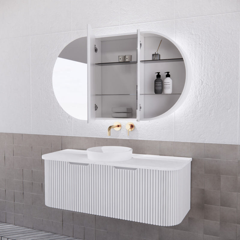 Riva Paris 1200mm x 700mm Matte White Oval LED Shaving Cabinet - Sydney Home Centre