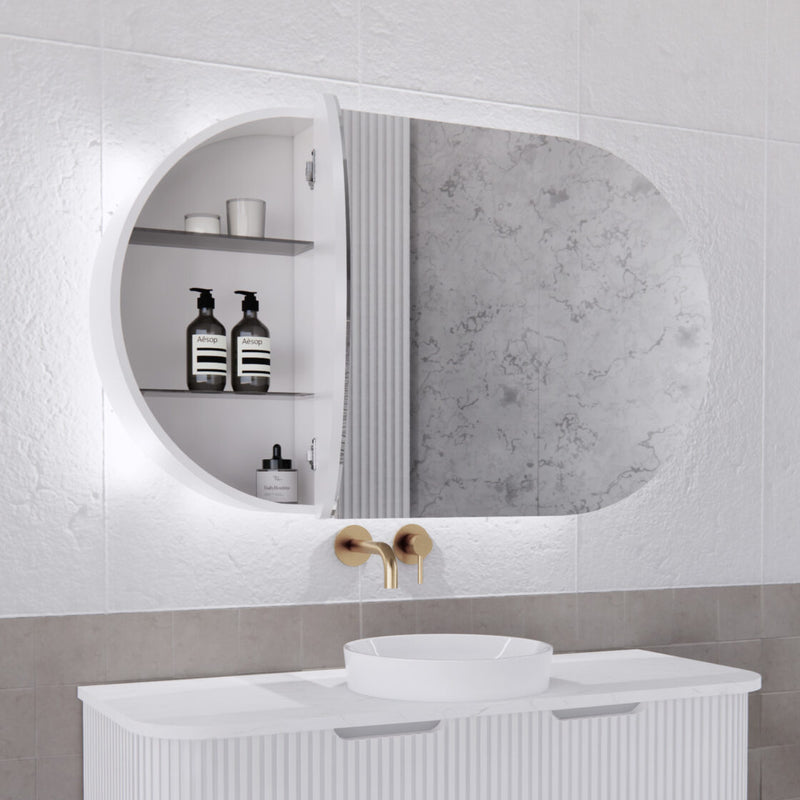 Riva Paris 1200mm x 700mm Matte White Oval LED Shaving Cabinet - Sydney Home Centre