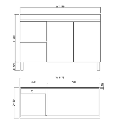 Viva ABS MFL2 1200mm Light Oak Single Bowl with Legs Freestanding Vanity Left or Right Drawer (Cabinet Only) - Sydney Home Centre