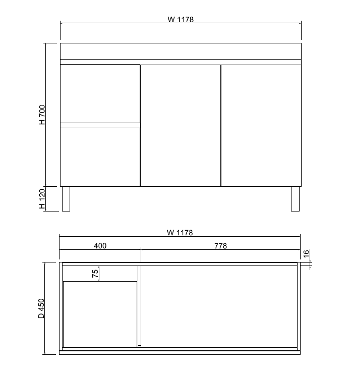 Viva ABS MFL2 1200mm Light Oak Single Bowl with Legs Freestanding Vanity Left or Right Drawer (Cabinet Only) - Sydney Home Centre