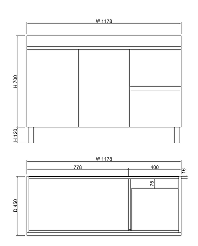 Viva ABS MFL2 1200mm Light Oak Single Bowl with Kickboard Freestanding Vanity Left or Right Drawer (Handy Ceramic Top) - Sydney Home Centre