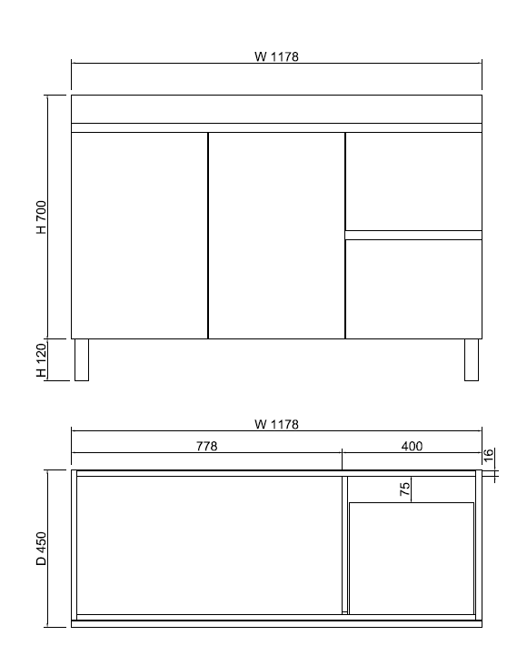 Viva ABS MFL2 1200mm Light Oak Single Bowl with Kickboard Freestanding Vanity Left or Right Drawer (Handy Ceramic Top) - Sydney Home Centre