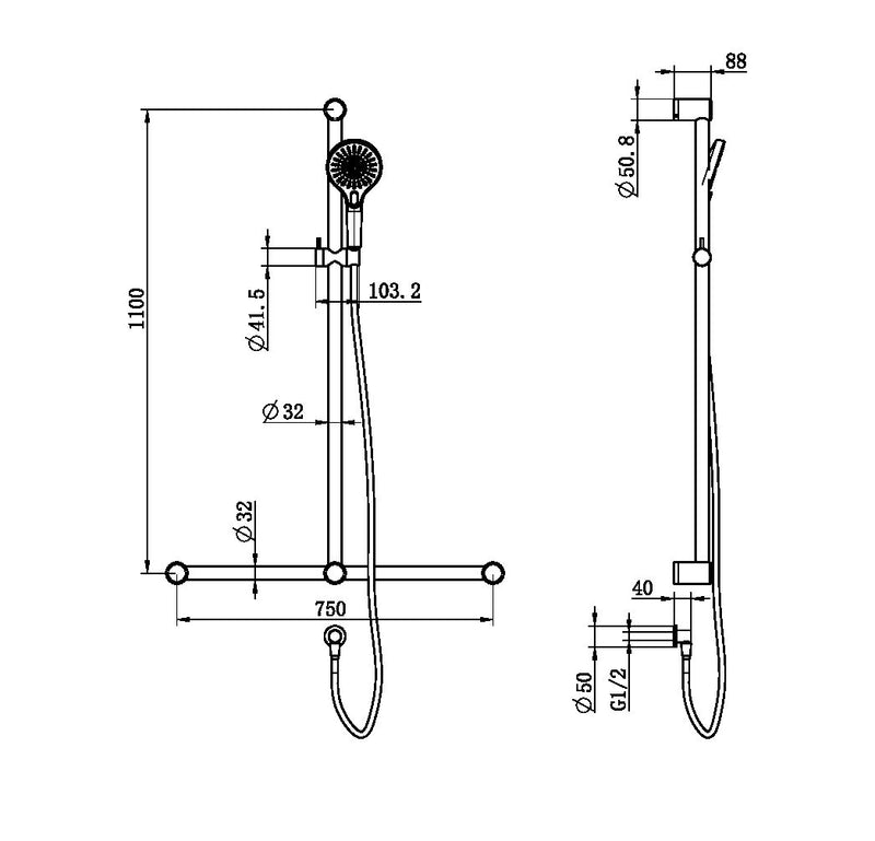 Nero Mecca Care 32mm T Bar Grab Rail And Adjustable Shower Set 1100X750mm Chrome - Sydney Home Centre