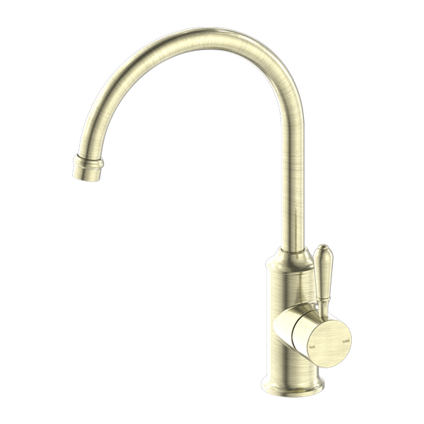 Nero York Kitchen Mixer Goosneck Spout With Metal Lever Aged Brass