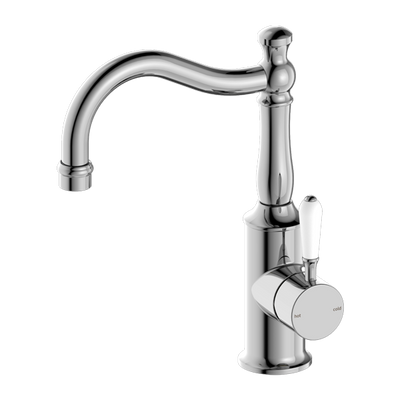 Nero York Basin Mixer Hook Spout With White Porcelain Lever Chrome - Sydney Home Centre