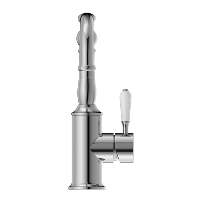 Nero York Basin Mixer Hook Spout With White Porcelain Lever Chrome - Sydney Home Centre