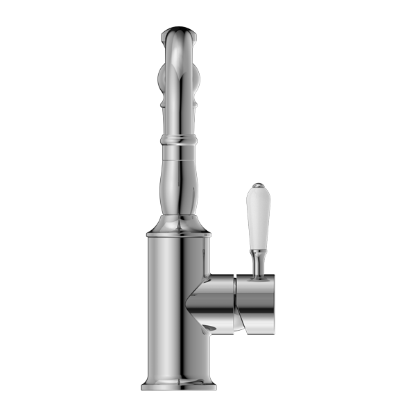 Nero York Basin Mixer Hook Spout With White Porcelain Lever Chrome - Sydney Home Centre