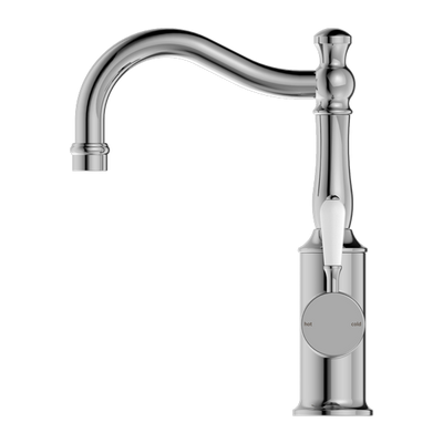 Nero York Basin Mixer Hook Spout With White Porcelain Lever Chrome - Sydney Home Centre