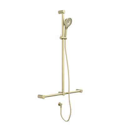 Nero Mecca Care 32mm T Bar Grab Rail And Adjustable Shower Set 1100X750mm Brushed Gold - Sydney Home Centre