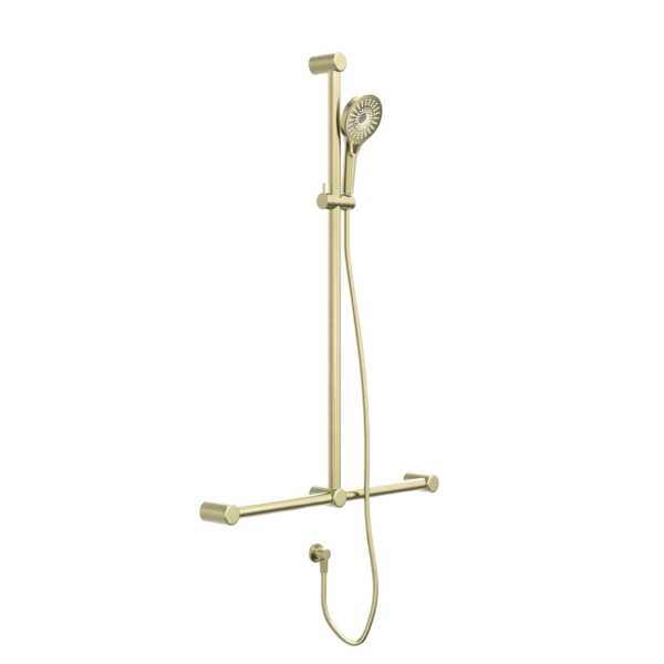 Nero Mecca Care 32mm T Bar Grab Rail And Adjustable Shower Set 1100X750mm Brushed Gold - Sydney Home Centre