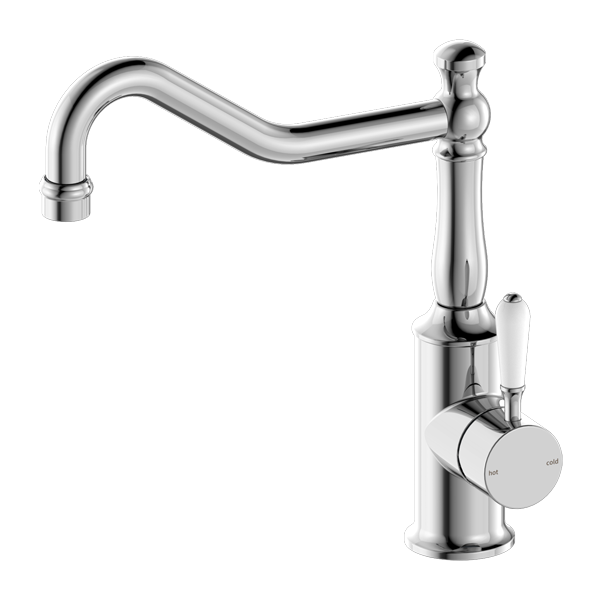 Nero York Kitchen Mixer Hook Spout With White Porcelain Lever Chrome - Sydney Home Centre