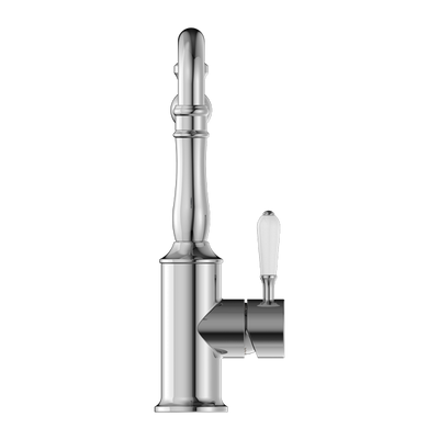 Nero York Kitchen Mixer Hook Spout With White Porcelain Lever Chrome - Sydney Home Centre