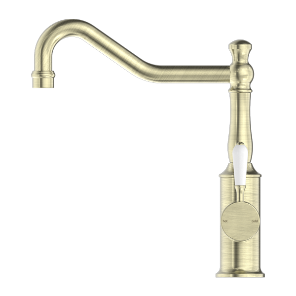 Nero York Kitchen Mixer Hook Spout With White Porcelain Lever Aged Brass - Sydney Home Centre