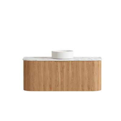 Otti Bondi 1200mm Curve Vanity Woodland Oak Fluted (Natural Marble Top Natural Carrara Marble) - Sydney Home Centre