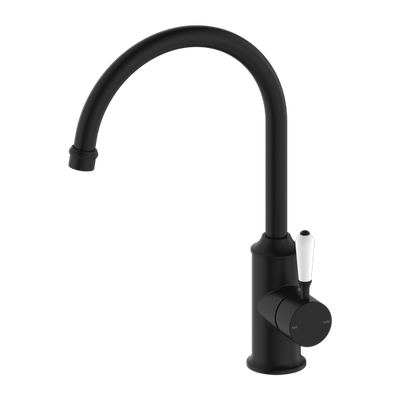 Nero York Kitchen Mixer Goosneck Spout With White Porcelain Lever Matte Black - Sydney Home Centre