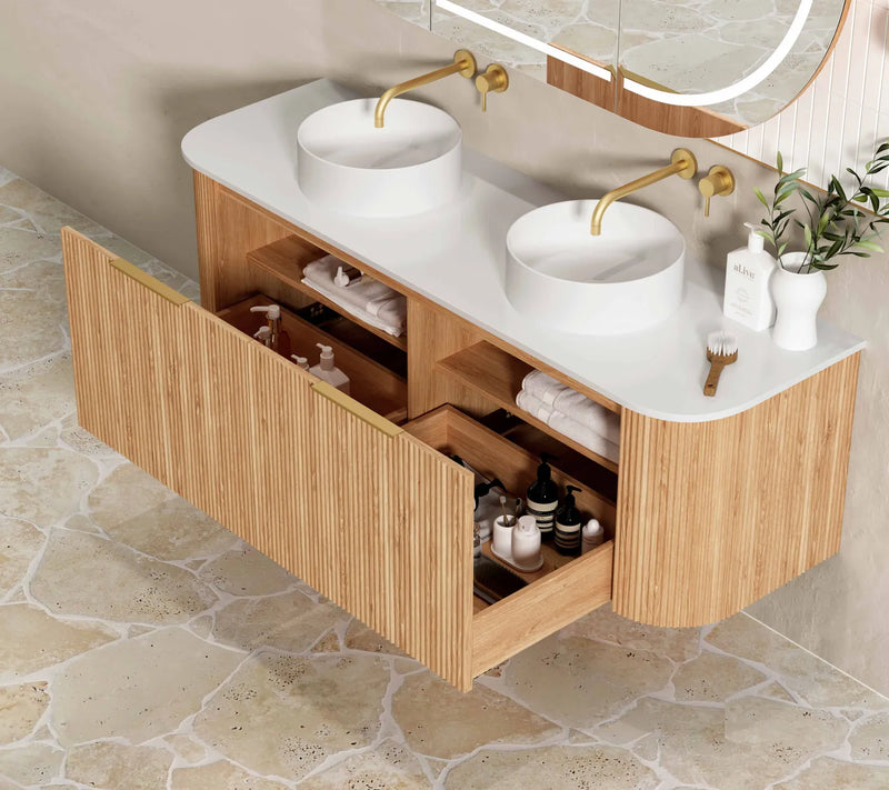 Otti Bondi 1500mm Curve Vanity Woodland Oak Fluted (Cabinet Only) - Sydney Home Centre