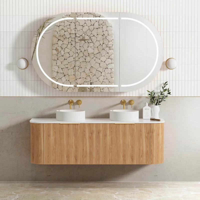 Otti Bondi 1500mm Curve Vanity Woodland Oak Fluted (Ultra Deluxe Stone Top) - Sydney Home Centre