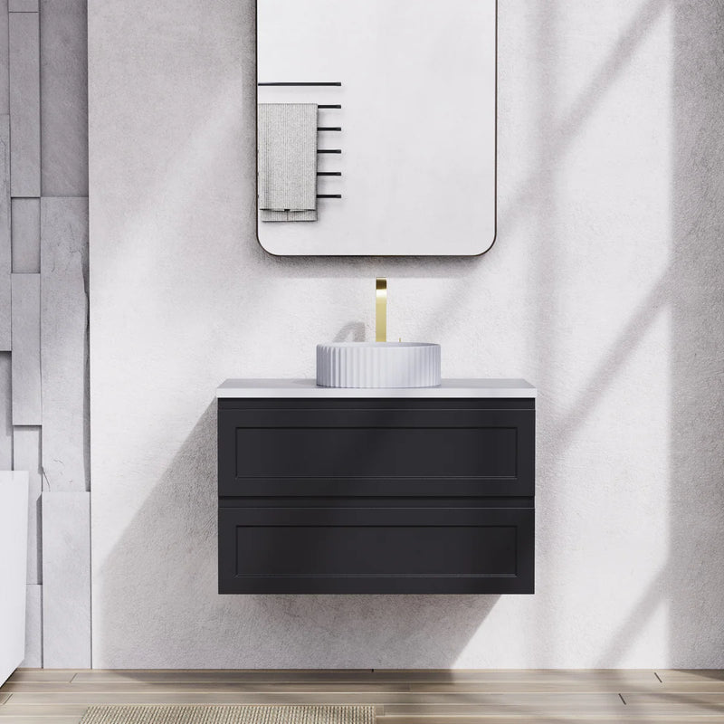 Ceto Fremantle 900mm Double Drawer Wall Hung Vanity Matte Black (Quartz Stone Top) - Sydney Home Centre