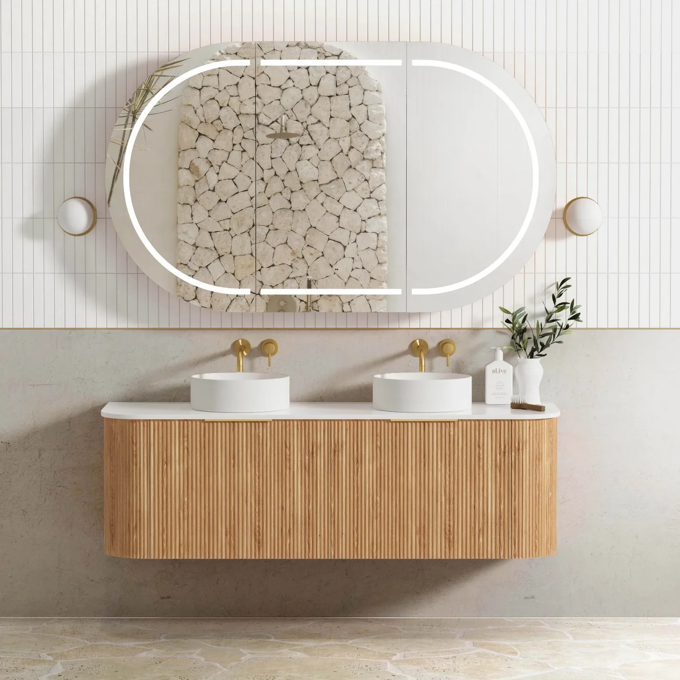 Otti Bondi 1500mm Curve Vanity Woodland Oak Fluted (Cabinet Only) - Sydney Home Centre