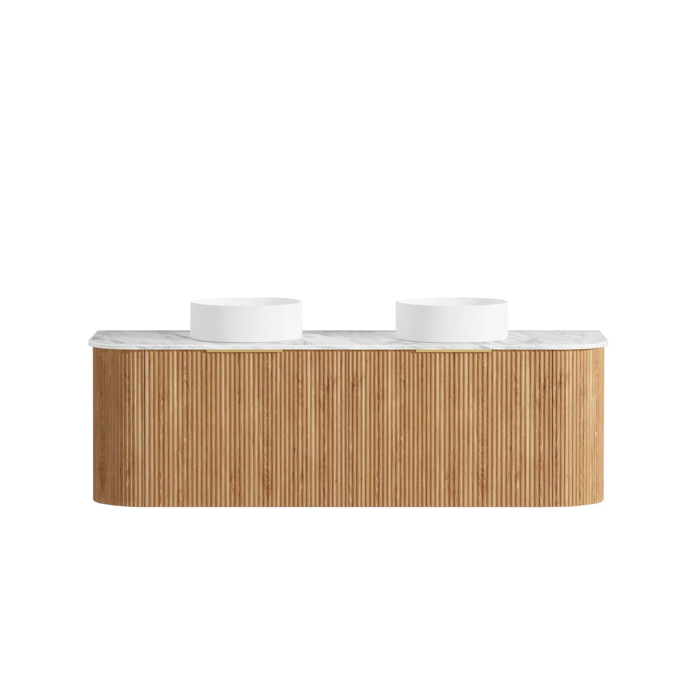 Otti Bondi 1500mm Curve Vanity Woodland Oak Fluted (Natural Marble Top Natural Carrara Marble) - Sydney Home Centre