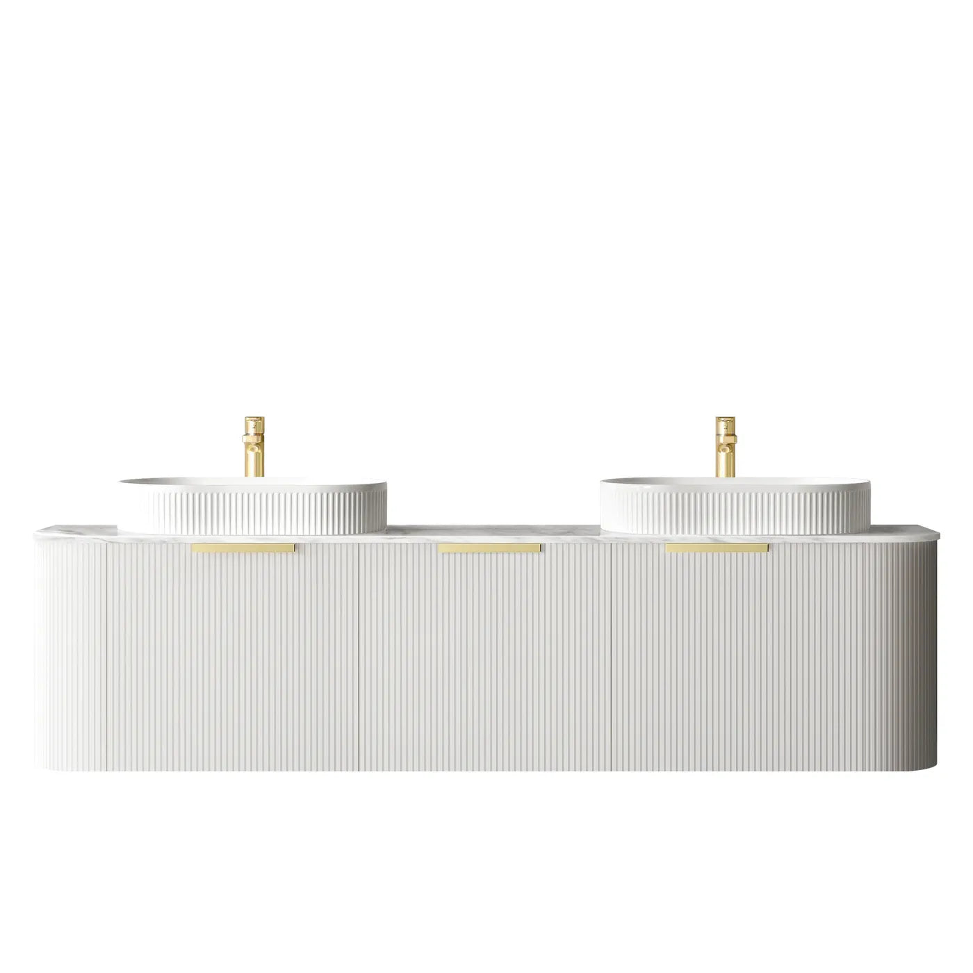 Otti Bondi 1800mm Curve Vanity White Fluted (Natural Marble Top Natural Carrara Marble) - Sydney Home Centre