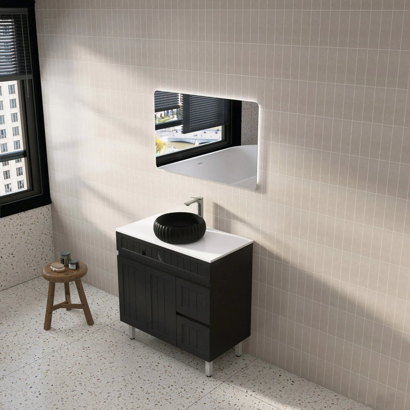 Ceto Acacia 900mm Right Hand Drawer Freestanding Vanity Matte Black (Marble Stone Top) - Sydney Home Centre