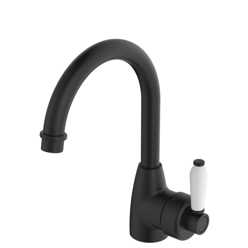 Fienza Eleanor Gooseneck Basin Mixer Matte Black White Handle